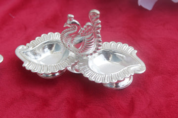 peacock with 2 side diya, german silver return gifts, wedding favors, pooja gifts, haladi kumkum gift, golu pooja favors, varalakshmi gifts