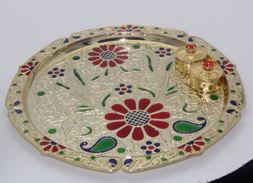 Acrylic Decorative Big Pooja Thali 10 inches Pooja plate with haldi kumkum holder, Diwali Pooja thali, return gift for pooja