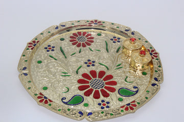 Acrylic Decorative Big Pooja Thali 10 inches Pooja plate with haldi kumkum holder, Diwali Pooja thali, return gift for pooja