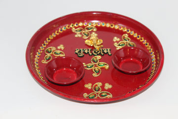 Pooja thali with diya and a small bowl for puja, aarti thali, pooja thali, temple decoration diya,  puja thali, Indian return gift, Ganesha