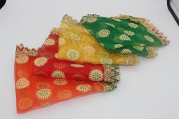 red chundari for god, green Sundari aasan, clothes for placing Gods, temple, Navratri pooja kapda, wedding puja, Mata ki chunari, god Hasan