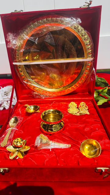 Brass pooja thali set with box , indian puja kit /wedding return gift / lakshmi ganesha idol, laxami pooja gifts , diya, agarbati stand etc
