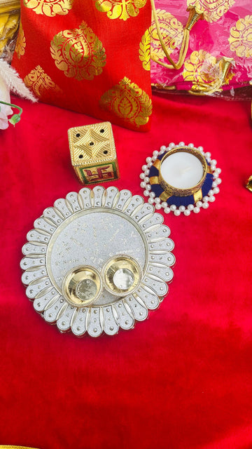 return gift combo set with small silver thali , Agarbati stand and 1 candle holder, return gift for varalakshmi, Navratari , Pooja favor,