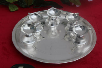 German White silver metal 5 diya  thali, aarati thali, Diwali gifts, pooja return gift, Navratri return gift, pooja items,  silver deepam