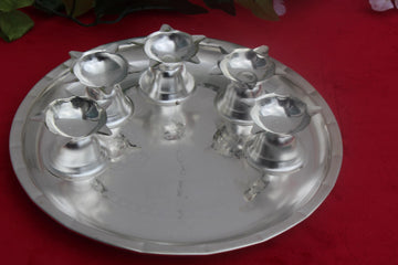 German White silver metal 5 diya  thali, aarati thali, Diwali gifts, pooja return gift, Navratri return gift, pooja items,  silver deepam