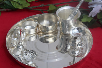 German White silver metal pooja thali set, Home/Temple/Mandir, Decorative Pooja Plate Set for Diwali Poojan, Karwa Chauth