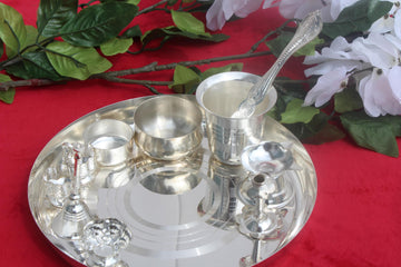 German White silver metal pooja thali set, Home/Temple/Mandir, Decorative Pooja Plate Set for Diwali Poojan, Karwa Chauth