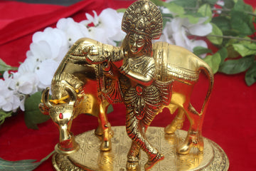 Big 9 inches Metal Cow with standing Krishna Idol Pooja,  Diwali Decoration, Return Gift, Showpiece, temple decoration, pooja room decor