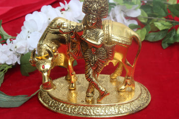 Big 9 inches Metal Cow with standing Krishna Idol Pooja,  Diwali Decoration, Return Gift, Showpiece, temple decoration, pooja room decor