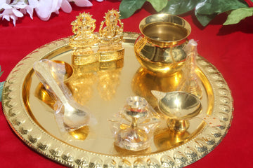 Brass pooja thali set with box , indian puja kit /wedding return gift / lakshmi ganesha idol, laxami pooja gifts , diya, agarbati stand etc