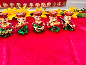 Set of 5 Rajasthani Wooden Musician Showpieces | Hand-Painted Ethnic Decor | Indian Traditional Home Decor | Housewarming Gift Idea