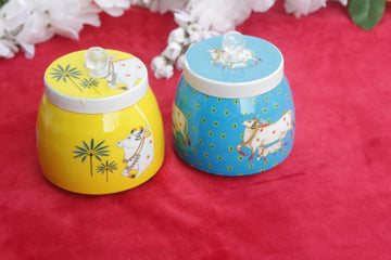 Trending Round metal Jar with Organza potli Pichwai art,Nandi Cow Design ,Copper Home Decor,Indian Dry Fruits Jar for Gifting.
